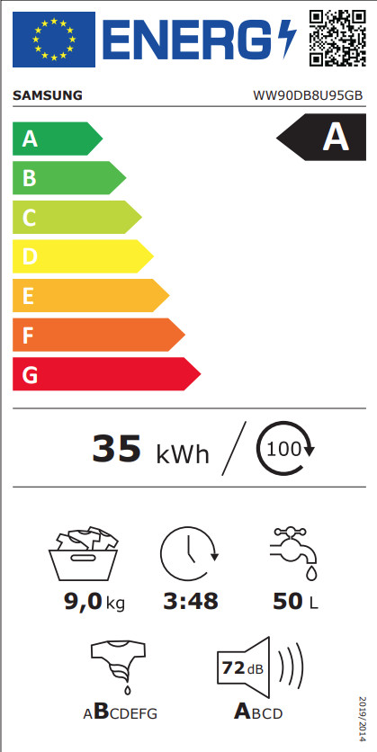 Samsung WW90DB8U95GBU3 Bespoke QuickDrive energielabel