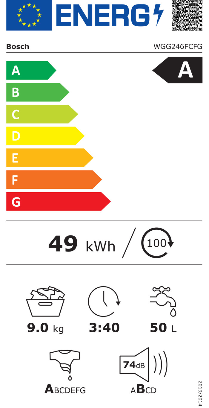 Bosch WGG246FCFG i-DOS + Bosch WQG245D1FG energy label