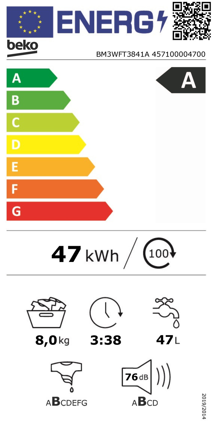 Beko BM3WFT3841A SteamCure energielabel