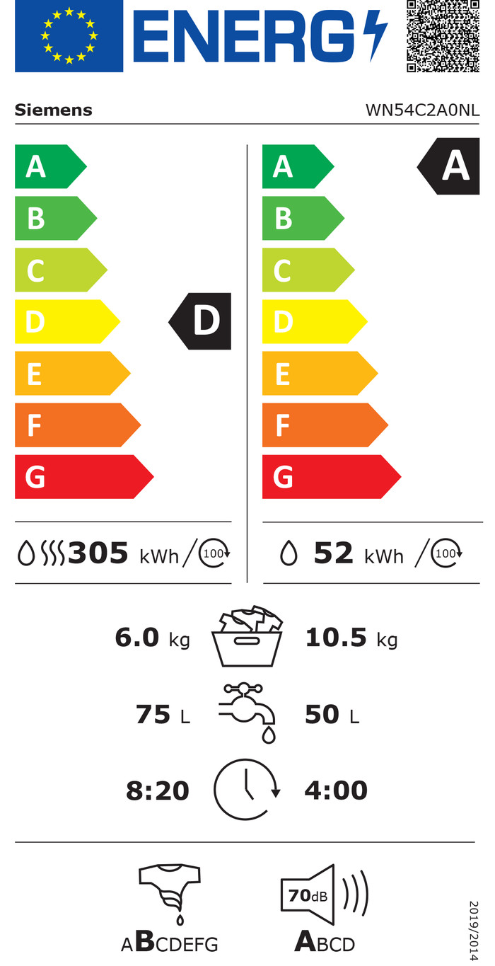 Siemens WN54C2A0NL 10,5/6 kg energielabel