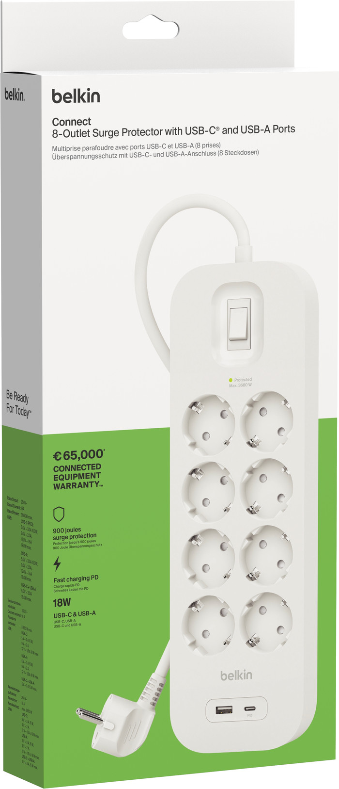 Belkin Stekkerdoos 8-voudig 2 meter met usb A/C 18W Wit verpakking
