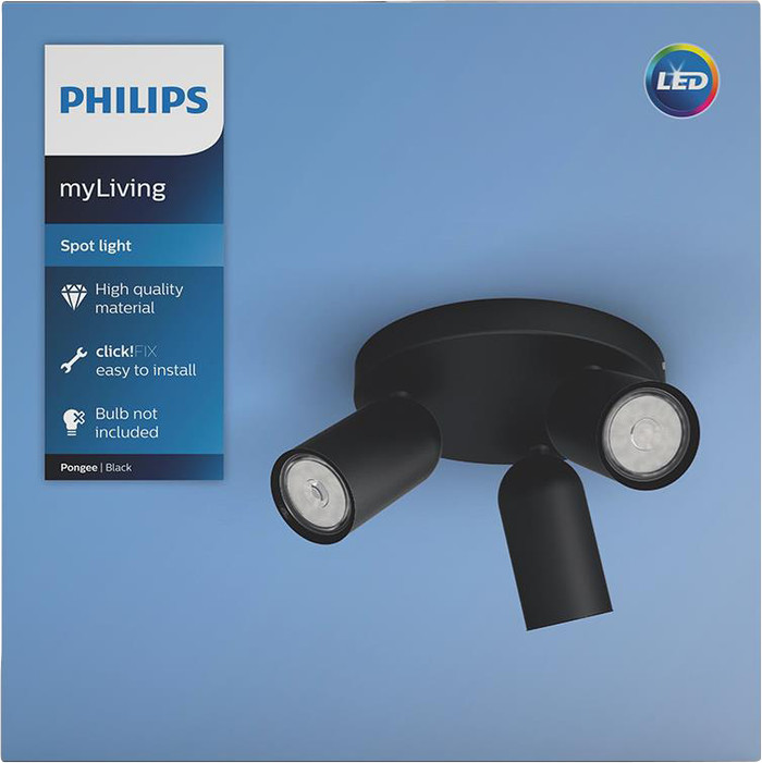 Philips Pongee opbouwspot - 3 spots - zwart + Philips Hue White Ambiance GU10 (3x) verpakking