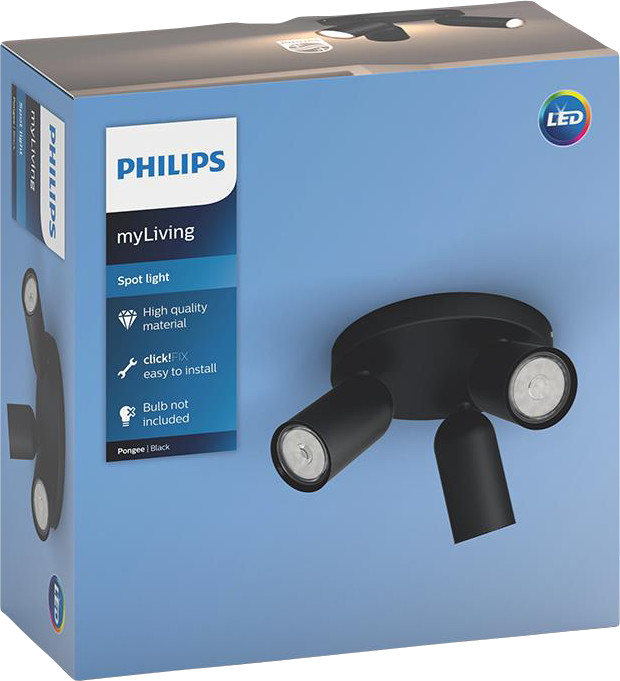 Philips Pongee opbouwspot - 3 spots - zwart + Philips Hue White Ambiance GU10 (3x) verpakking