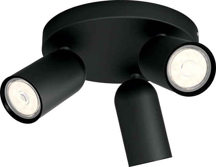 Philips Pongee opbouwspot - 3 spots - zwart + Philips Hue White Ambiance GU10 (3x) voorkant