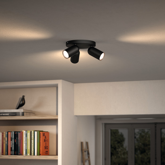Philips Pongee opbouwspot - 3 spots - zwart + Philips Hue White Ambiance GU10 (3x) visual leverancier