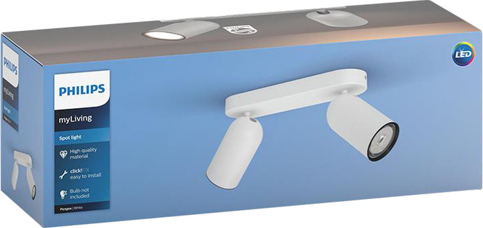 Philips Pongee opbouwspot - 2 spots - wit + Philips Hue White Ambiance GU10 (2x) verpakking