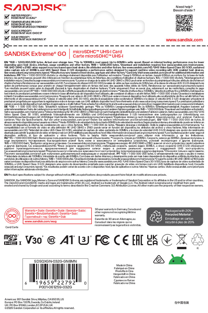 SANDISK Extreme GO microSDHC 32GB 100MB/s verpakking