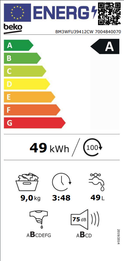 Beko BM3WFU39412CW EnergySpin energielabel