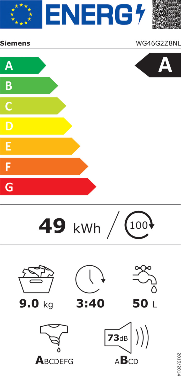 Siemens WG46G2Z8NL + Siemens WQ35G2D0NL energy label