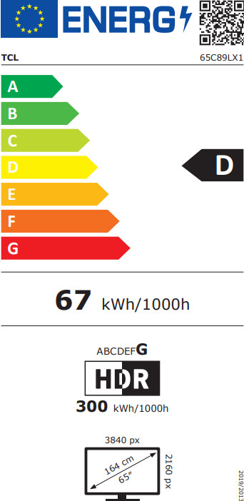 TCL SQD Mini-led 65" C89L (2026) energielabel