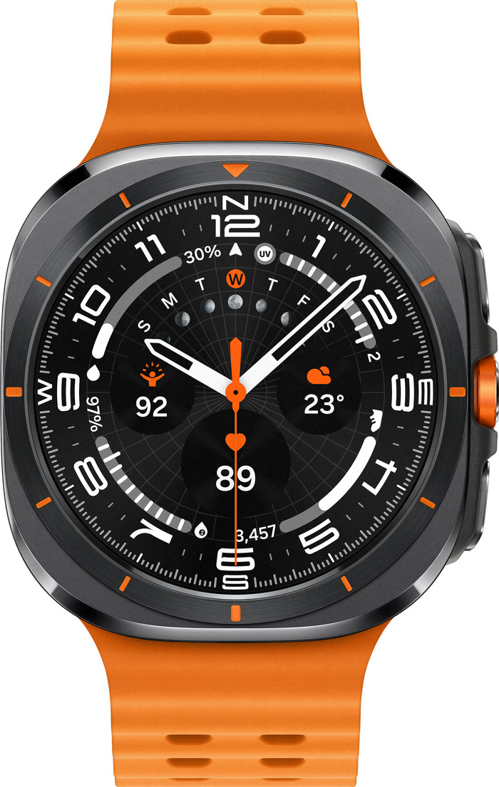 Samsung Galaxy Watch Ultra 4G Grijs/Oranje 47mm + Duo Draadloze Oplader voorkant