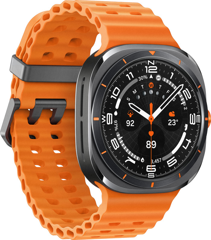 Samsung Galaxy Watch Ultra 4G Grijs/Oranje 47mm + Duo Draadloze Oplader linkerkant