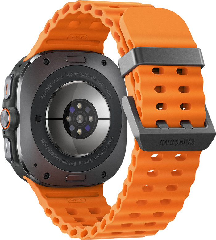 Samsung Galaxy Watch Ultra 4G Grijs/Oranje 47mm + Duo Draadloze Oplader achterkant