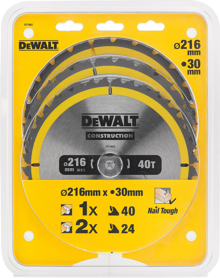 DeWalt Circular Saw Blades Set 216mm 3-piece 24T (2x), 40T packaging