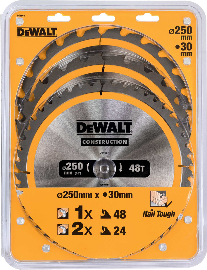 DeWalt Cirkelzaagbladenset 250mm 3-delig 24T (2x), 48T verpakking