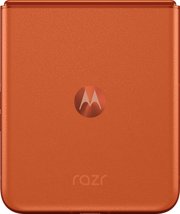 Motorola Razr 50 256GB Oranje 5G + Motorola Oplader 30W Zwart + Usb C Kabel 1m Zwart achterkant