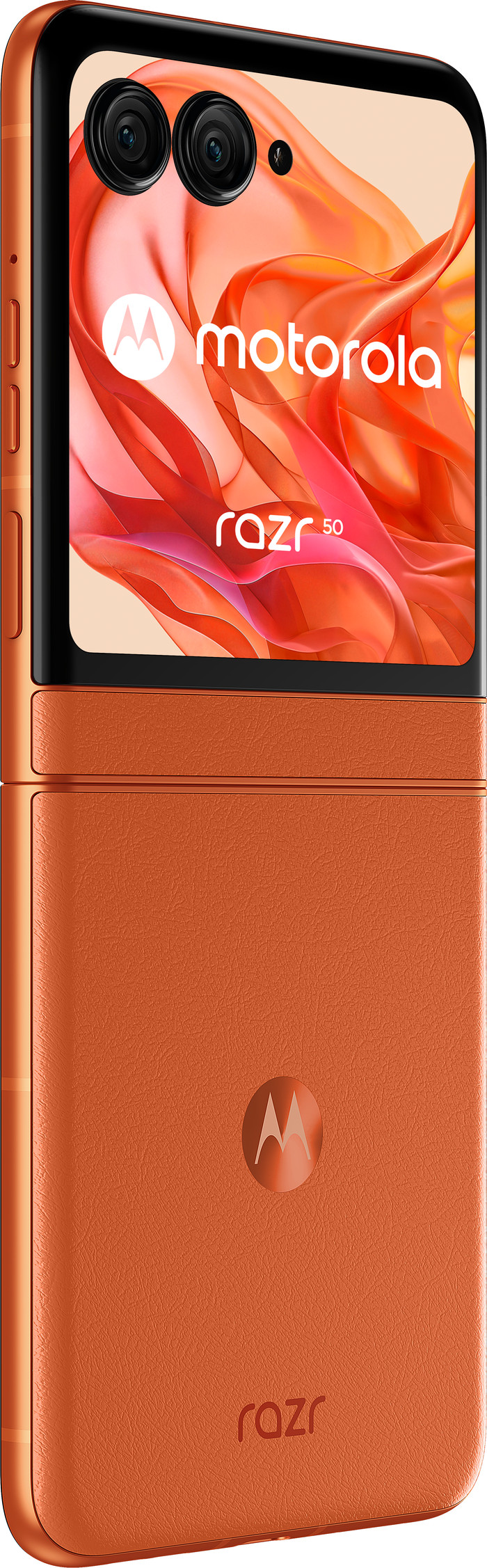 Motorola Razr 50 256GB Oranje 5G + Motorola Oplader 30W Zwart + Usb C Kabel 1m Zwart achterkant