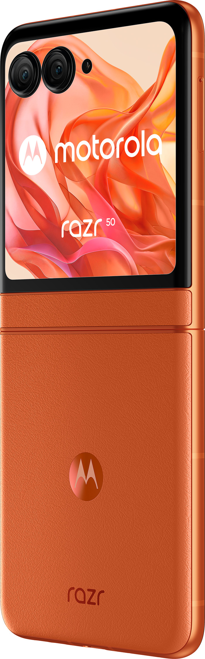 Motorola Razr 50 256GB Oranje 5G + Motorola Oplader 30W Zwart + Usb C Kabel 1m Zwart achterkant
