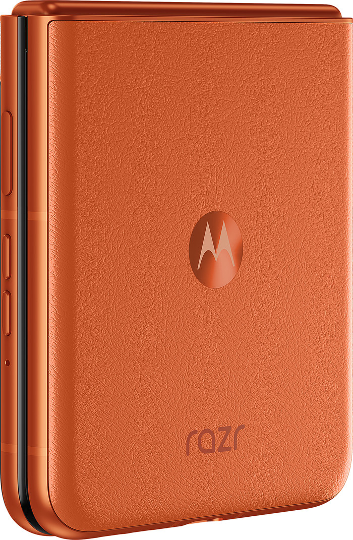 Motorola Razr 50 256GB Oranje 5G + Motorola Oplader 30W Zwart + Usb C Kabel 1m Zwart achterkant