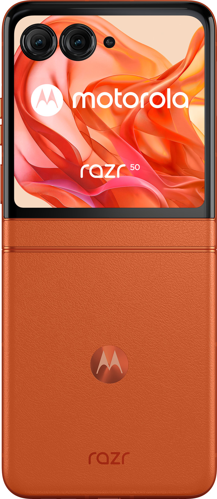 Motorola Razr 50 256GB Oranje 5G + Motorola Oplader 30W Zwart + Usb C Kabel 1m Zwart achterkant