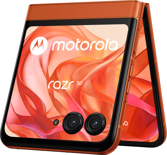 Motorola Razr 50 256GB Oranje 5G + Motorola Oplader 30W Zwart + Usb C Kabel 1m Zwart achterkant