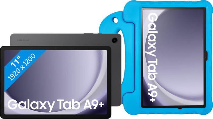 Samsung Galaxy Tab A9 Plus 11 inch 128GB Wifi en 5G Grijs + BlueBuilt Kids Cover Blauw Main Image