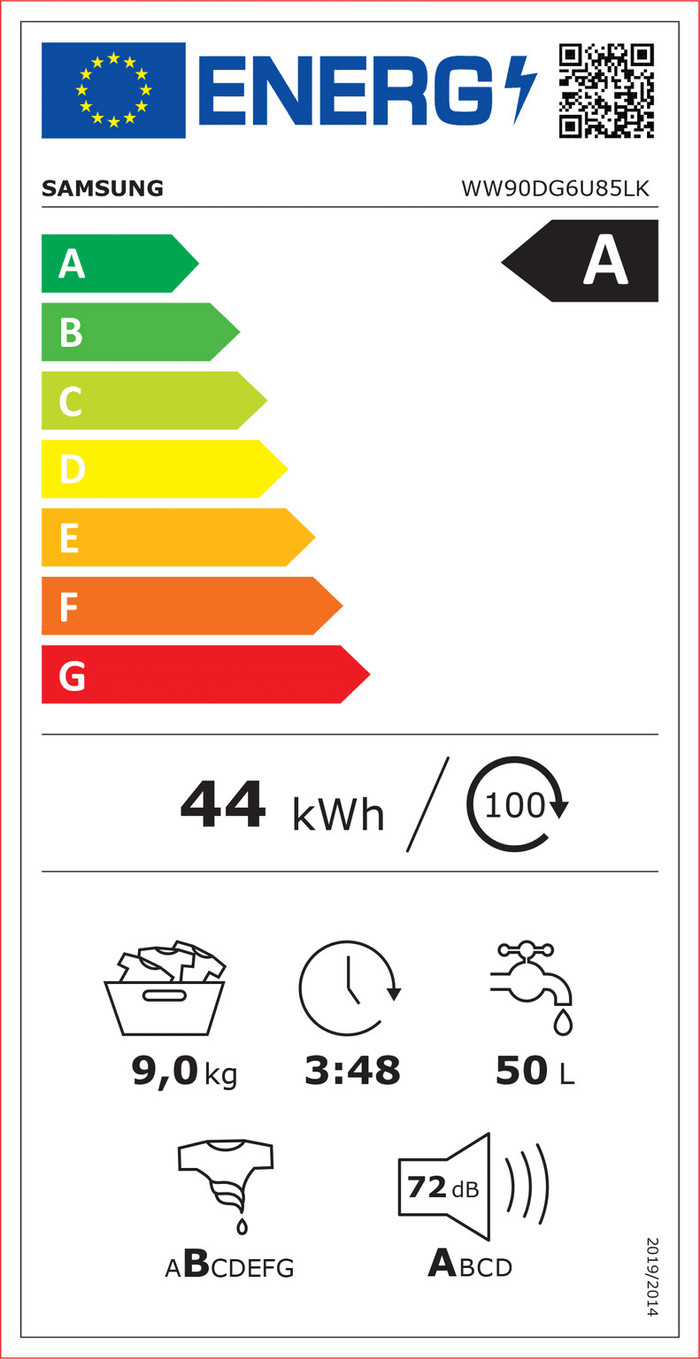Samsung WW90DG6U85LK AI Wash energielabel