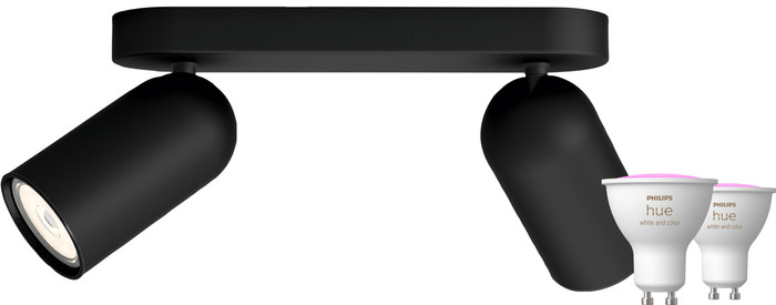 Philips Pongee Mounted Spot Light - 2 Spot Lights - Black + Philips Hue White and Color GU10 (2x) Main Image