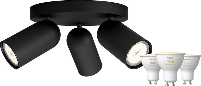 Philips Pongee opbouwspot - 3 spots - zwart + Philips Hue White Ambiance GU10 (3x) Main Image