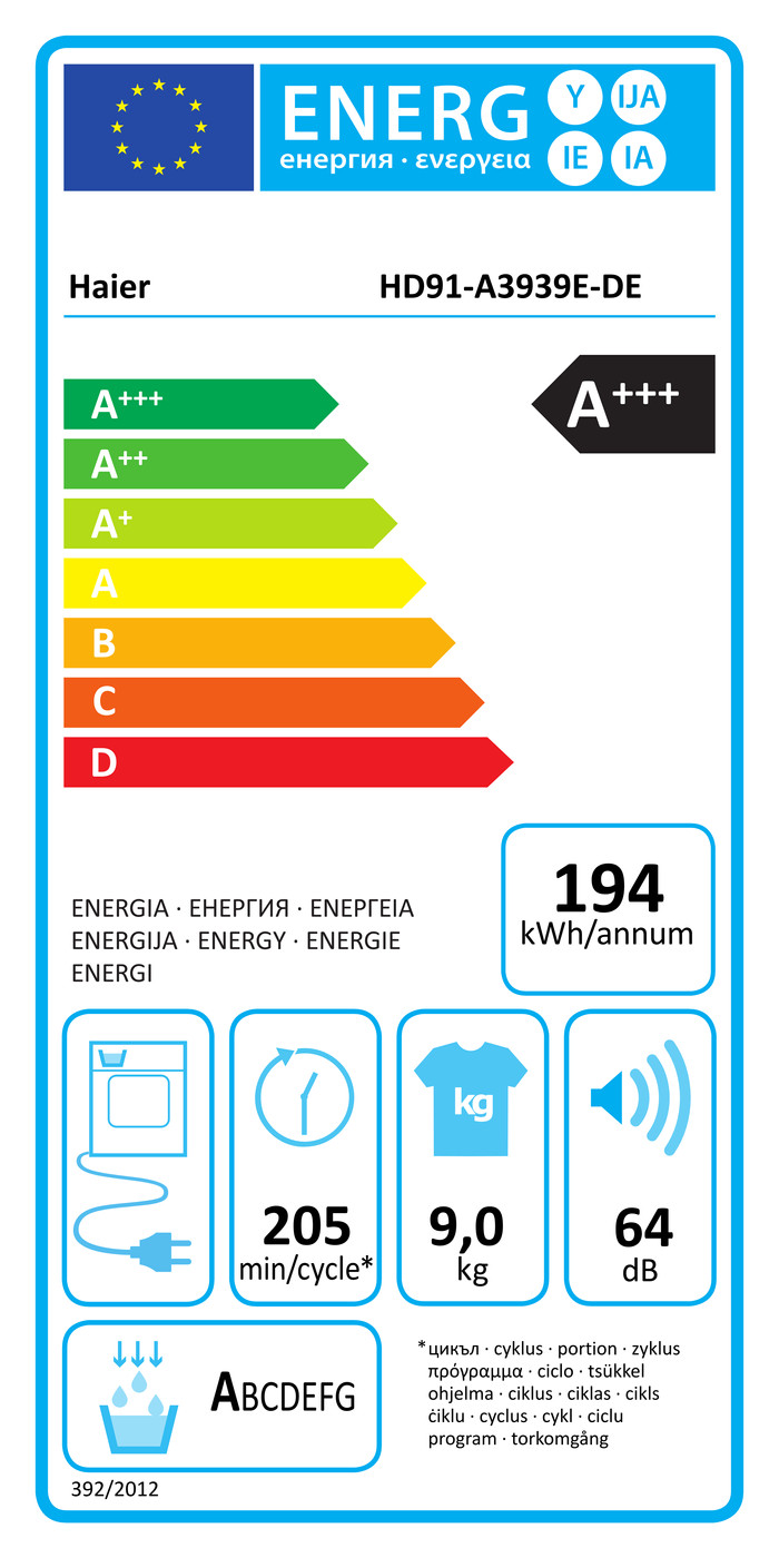 Haier HD91-A3939E energy label