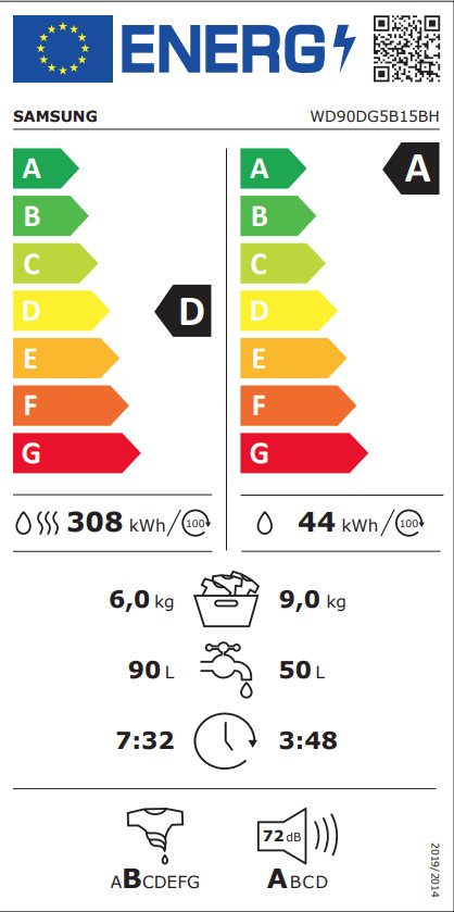 Samsung WD90DG5B15BH EcoBubble - 9/6 kg energielabel