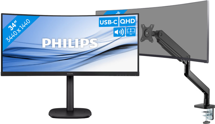 Philips 346E2CUAE/00 + BlueBuilt Monitorarm Mechanische Veer voor 1 Ultrawide Monitor Main Image