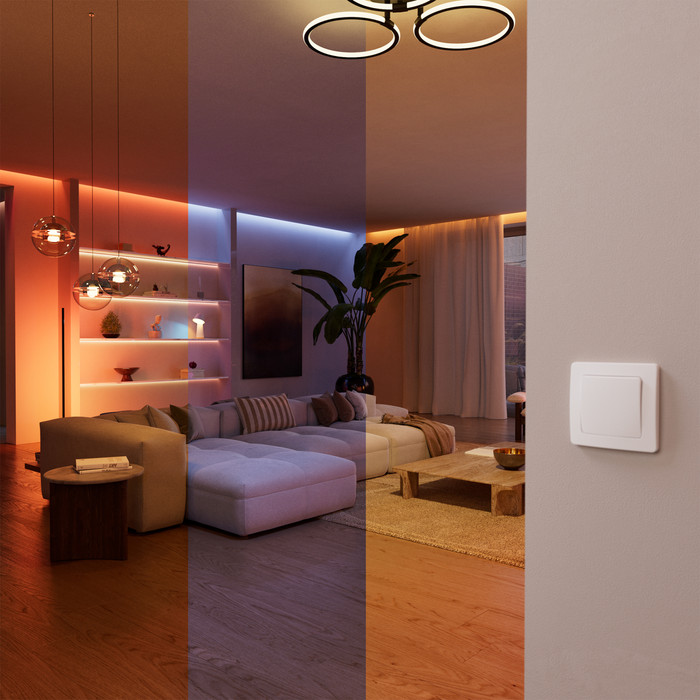 Philips Hue Bedrade Wandschakelaarmodule voor Slimme Lampen Duo Pack product in gebruik