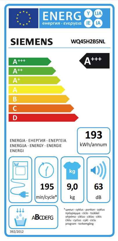 Siemens WQ45H2B5NL energy label