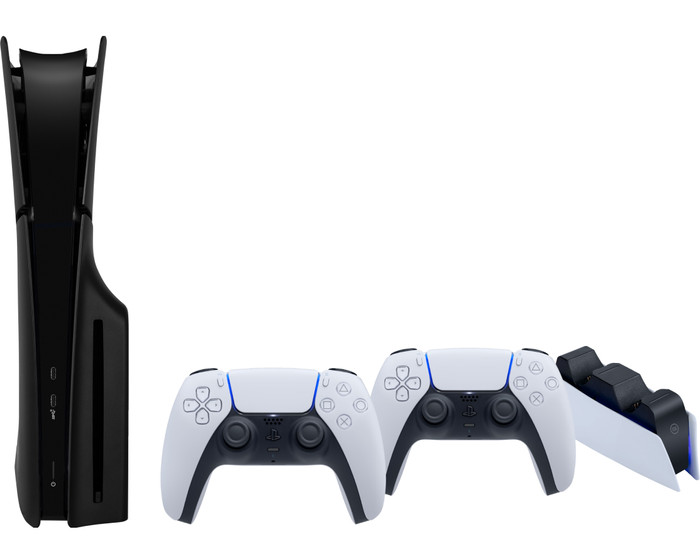 PlayStation 5 Slim Disc Edition + Covers Black + Extra Controller White + Charging Dock Main Image