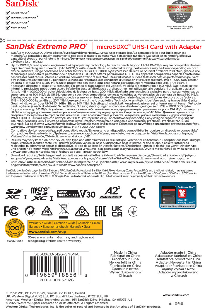 SanDisk MicroSDXC Extreme Pro 512GB 140MB/s verpakking
