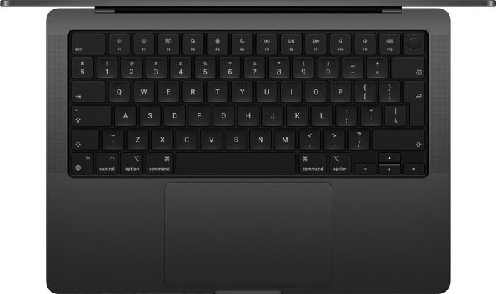 Apple MacBook Pro 14 inch M4 (10 core CPU/10 core GPU) 16GB/512GB Spacezwart QWERTY bovenkant