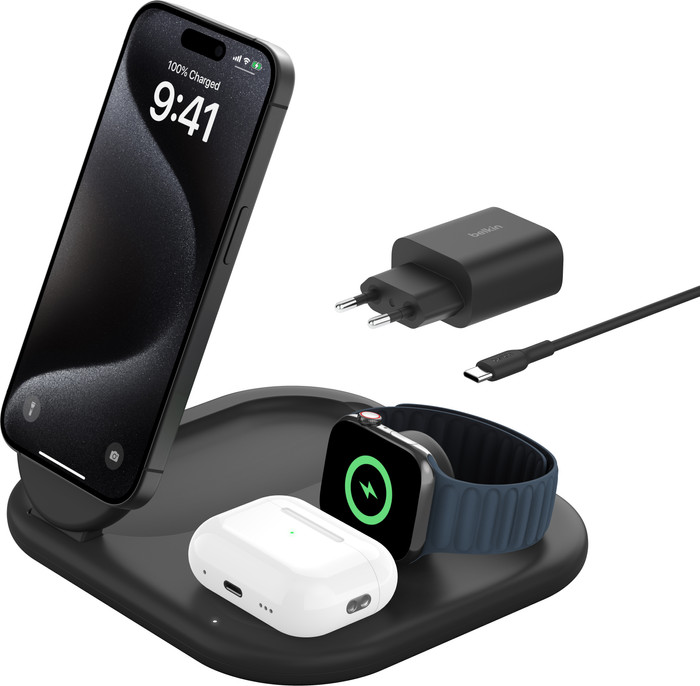 Belkin Boost Charge MagSafe en Qi2 3-in-1 Draadloze Oplader 15W met Standaard Zwart accessoire