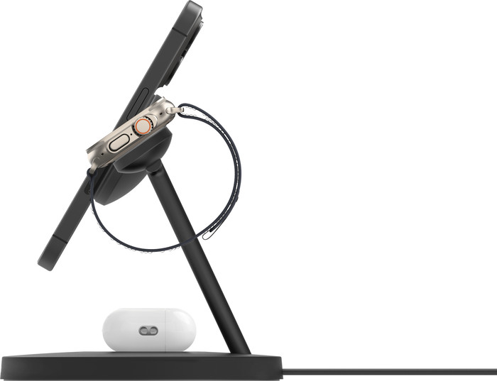 Belkin Boost Charge Pro MagSafe und Qi2 3-in-1 Kabelloses Ladegerät 15 W mit Ständer Schwarz rechte seite