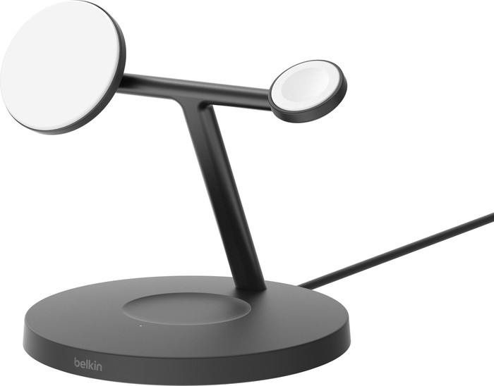 Belkin Boost Charge Pro MagSafe und Qi2 3-in-1 Kabelloses Ladegerät 15 W mit Ständer Schwarz vorne