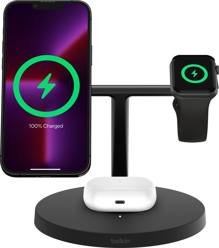 Belkin Boost Charge Pro MagSafe und Qi2 3-in-1 Kabelloses Ladegerät 15 W mit Ständer Schwarz vorne
