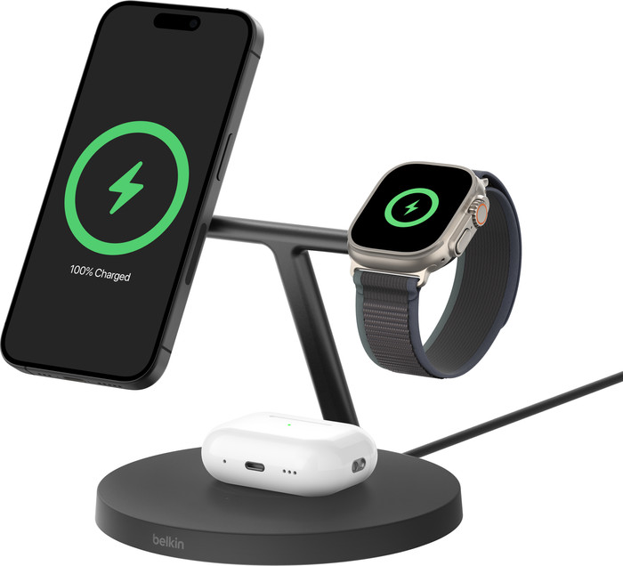 Belkin Boost Charge Pro MagSafe und Qi2 3-in-1 Kabelloses Ladegerät 15 W mit Ständer Schwarz Main Image