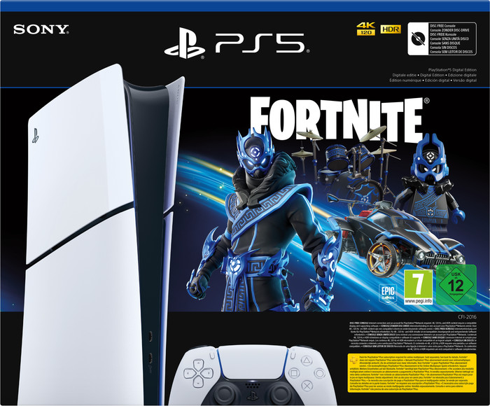 PlayStation 5 Slim Digital Edition + Fortnite Voucher verpakking