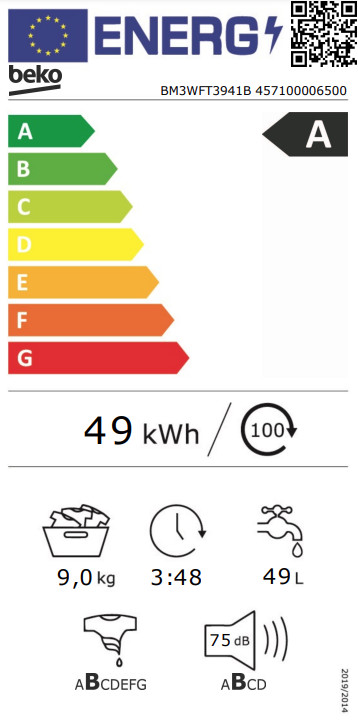 Beko BM3WFT3941B SteamCure energielabel