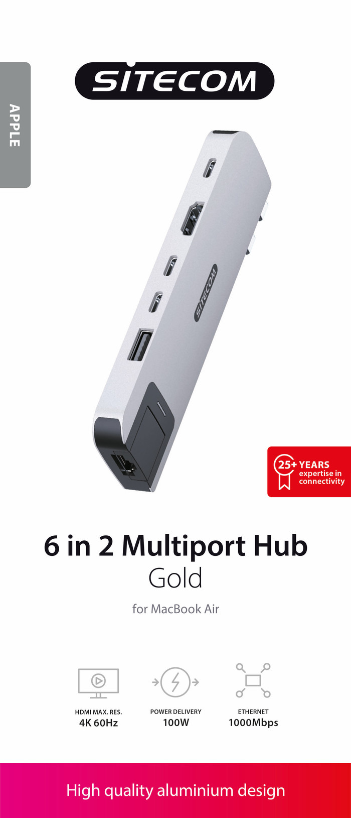 Sitecom MacBook Air Multiport Hub 6-en-2 Or emballage
