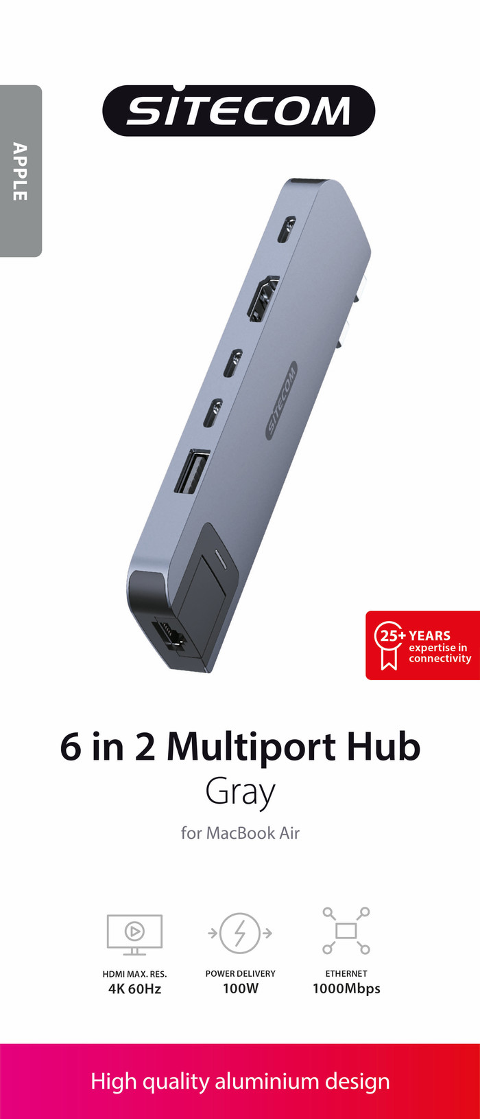 Sitecom MacBook Air Multiport Hub 6 in 2 Grijs verpakking