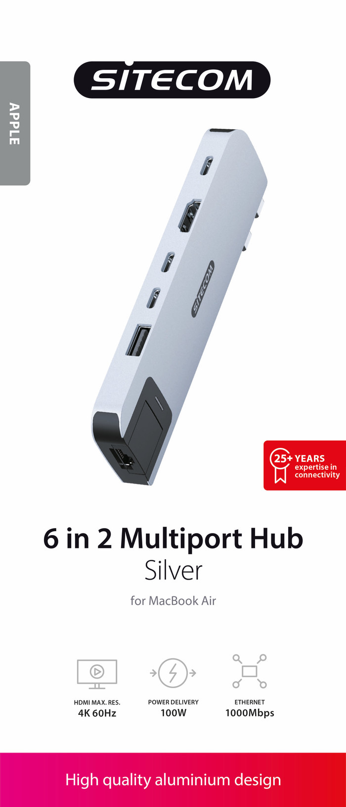 Sitecom MacBook Air Multiport Hub 6-en-2 Argent emballage