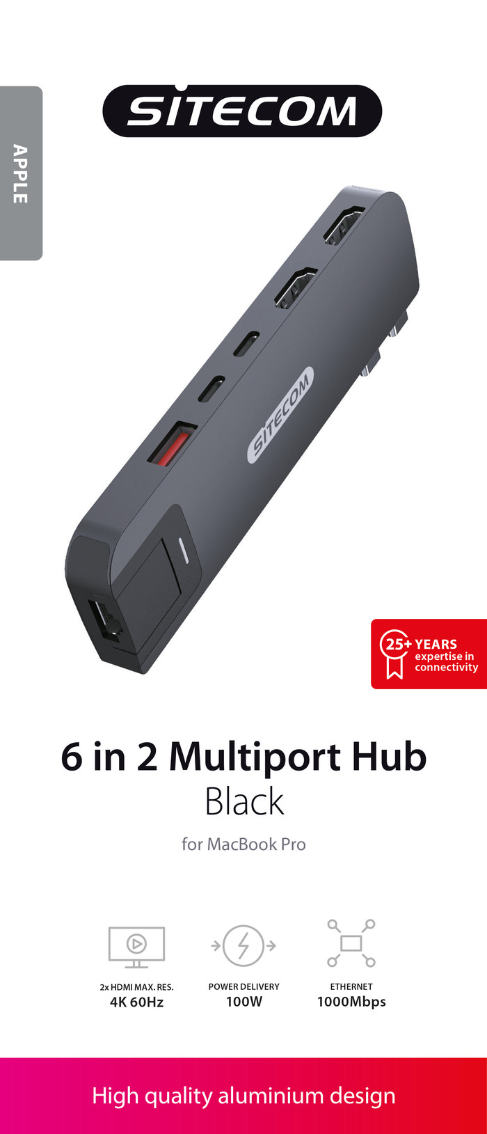 Sitecom MacBook Pro Multiport Hub 6 in 2 Zwart verpakking