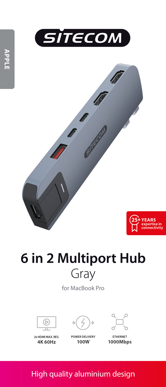 Sitecom MacBook Pro Multiport Hub 6-en-2 Gris emballage