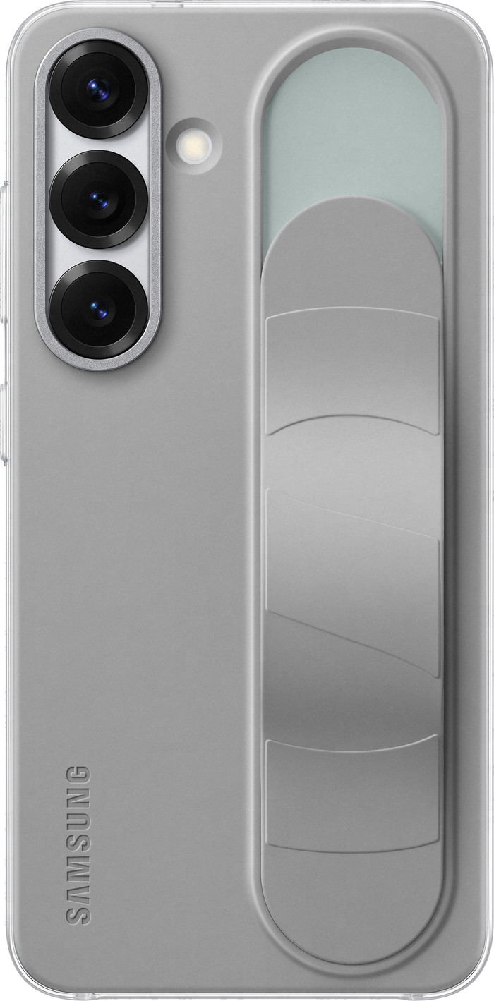 Samsung S25 Standing Grip Back Cover Grijs product in gebruik